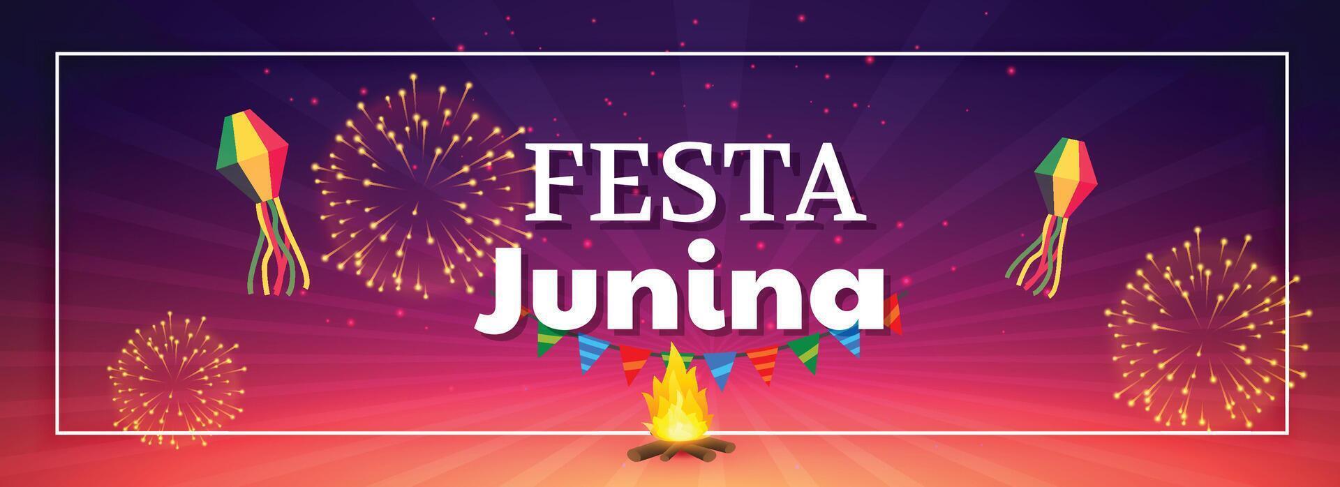 festa junina celebracion fuegos artificiales bandera vector