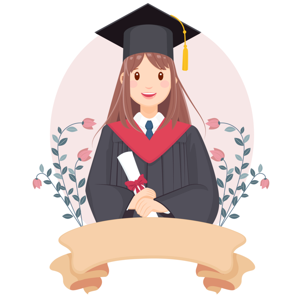 Illustration of a Graduated Girl Student Wearing a Graduation Cap with Ribbon Banner png