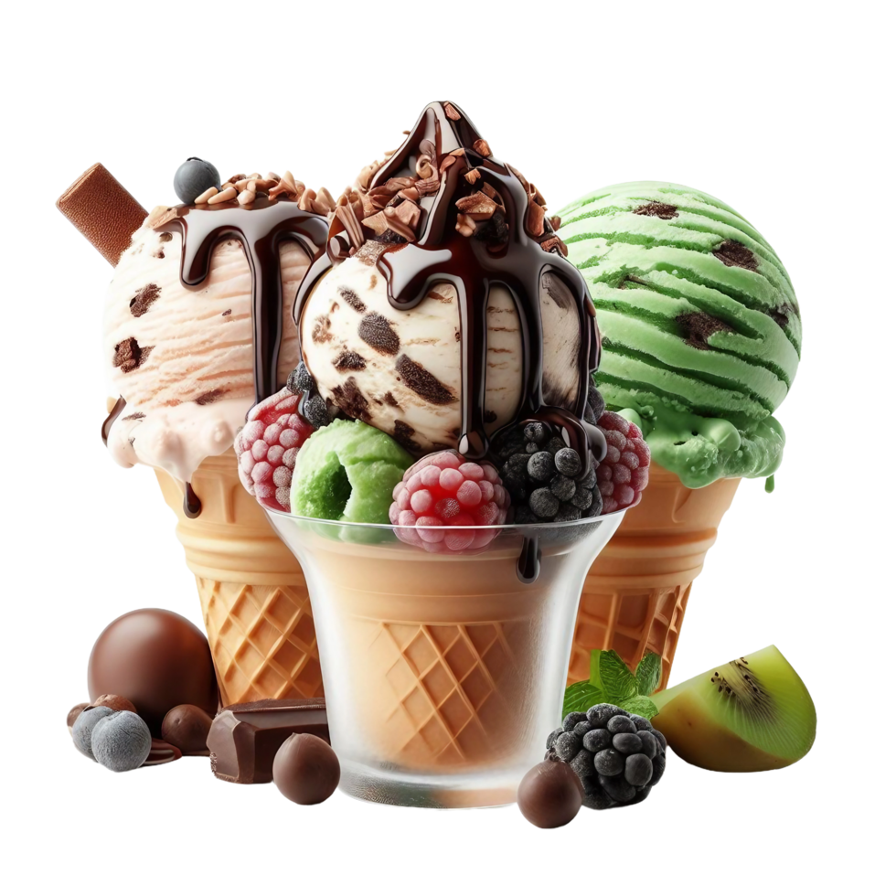 A close up of three different flavored ice cream cones with a variety of topping on transparent background png