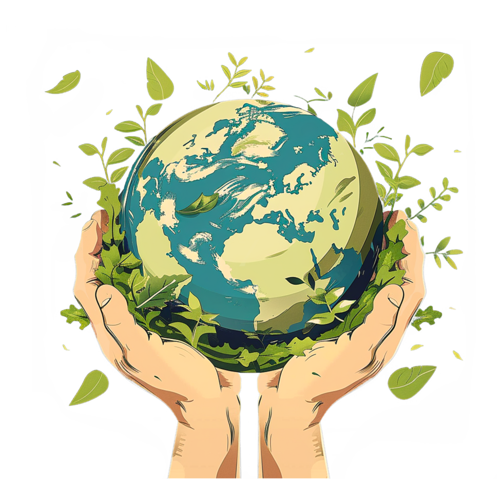 two hands holding the Earth covered in greenery, representing environmental protection and Earth Day png