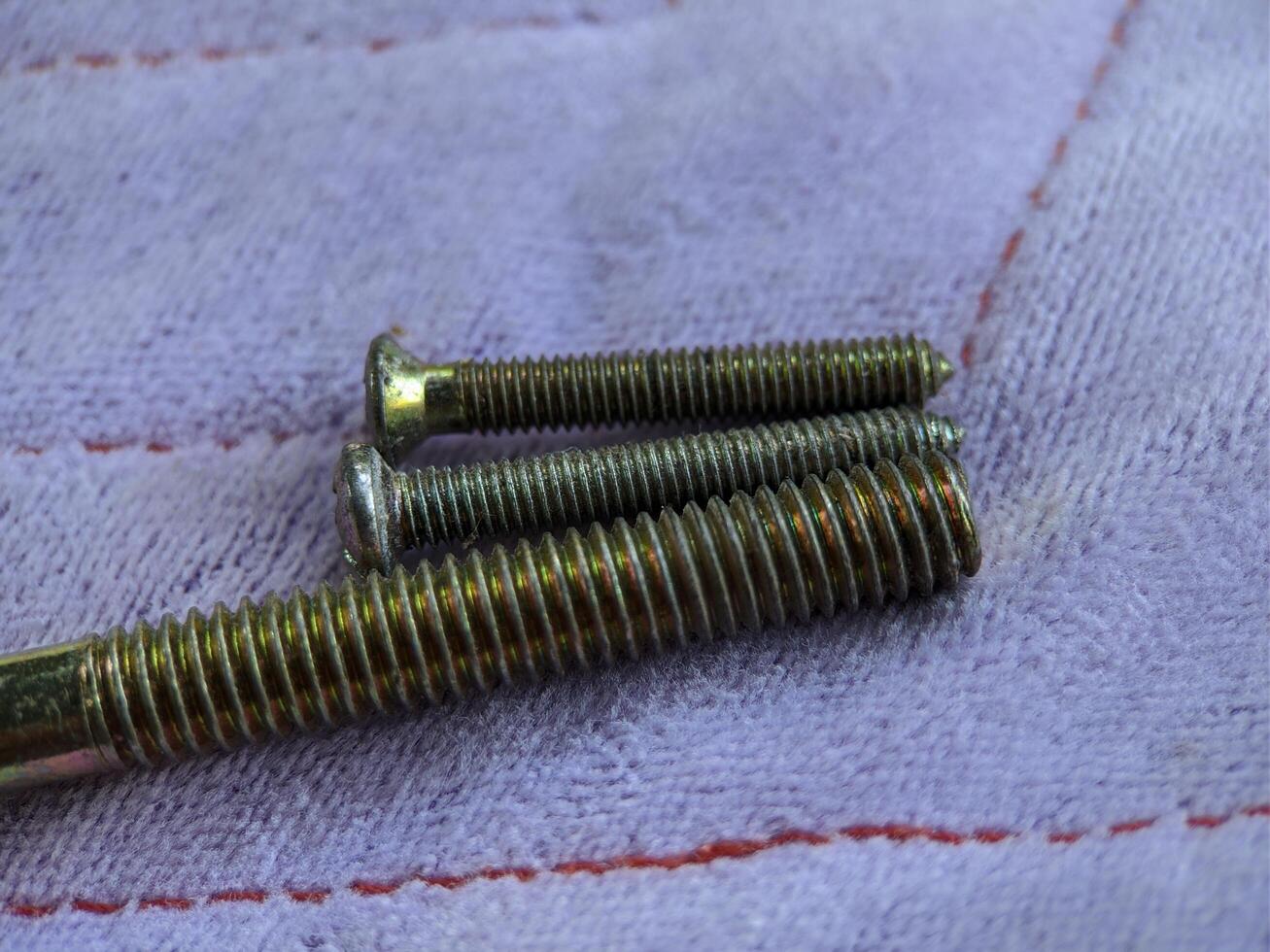 Macro of gold long screw on purple background photo