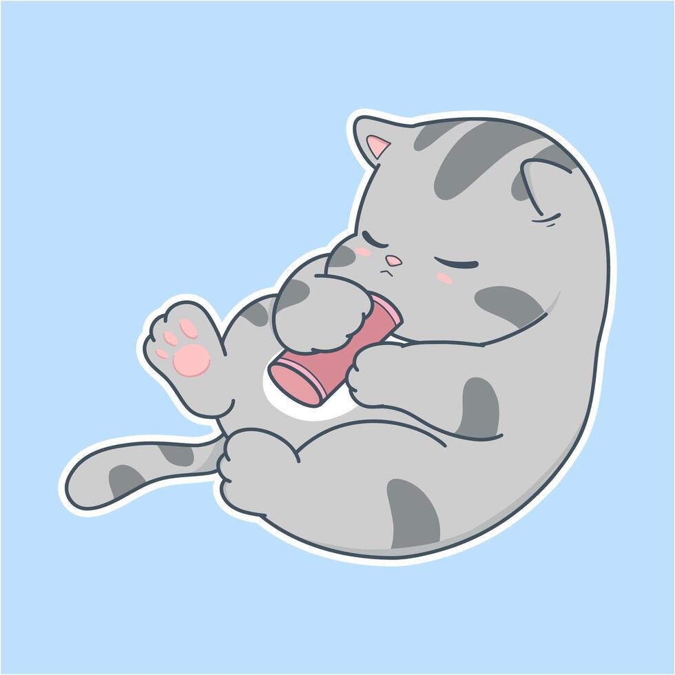 dibujos animados gato es dormido con un rojo juguete en sus boca vector