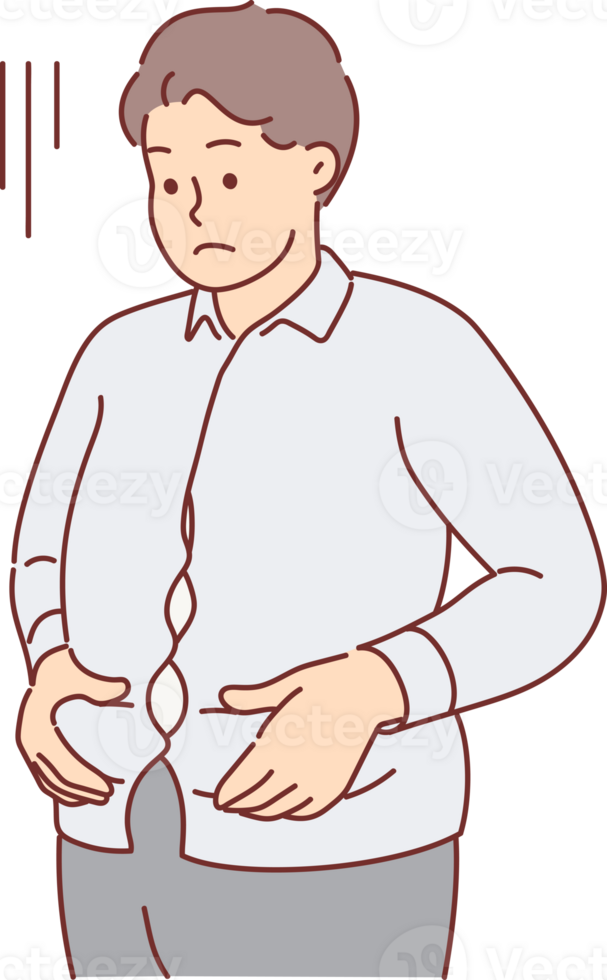 Overweight man is upset holding stomach, dressed in small shirt and needs to consult nutritionist. Overweight guy experiences psychological suffering due to lack of body positivity in philosophy png