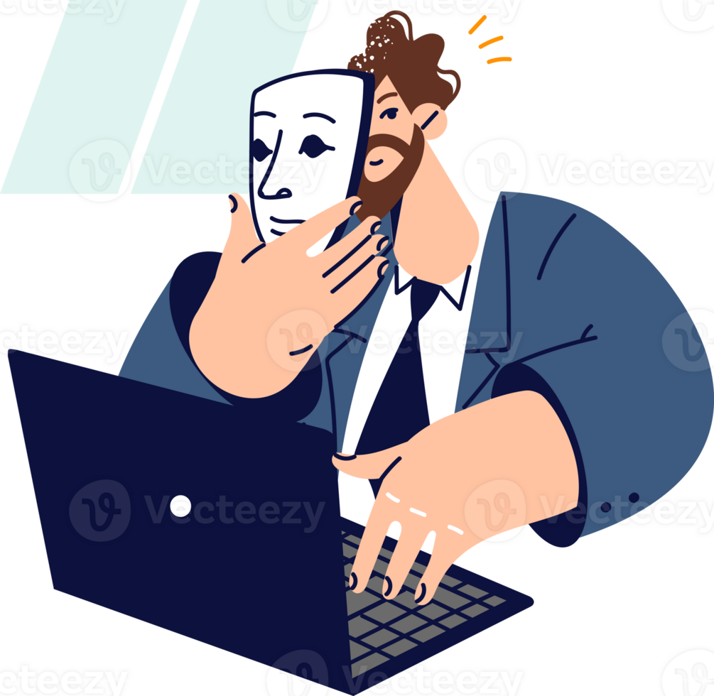 Man puts on mask, using internet and introduces himself as another person, sitting at table with laptop. Business guy with mask in hand, for concept of office hypocrisy and identity substitution png