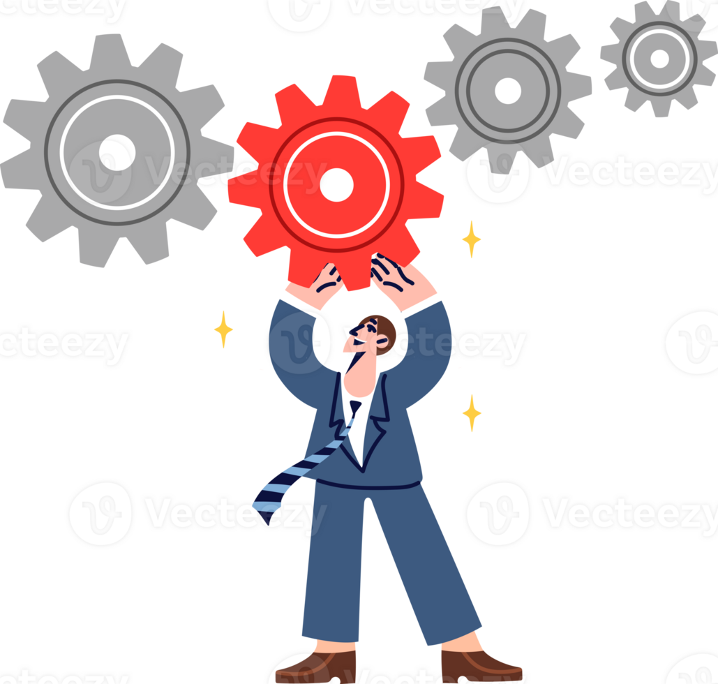 Man manager of manufacturing company replaces damaged gear to restore functionality of mechanism. Guy controlling manufacturing process tracks weak link to increase safety of factory employees png