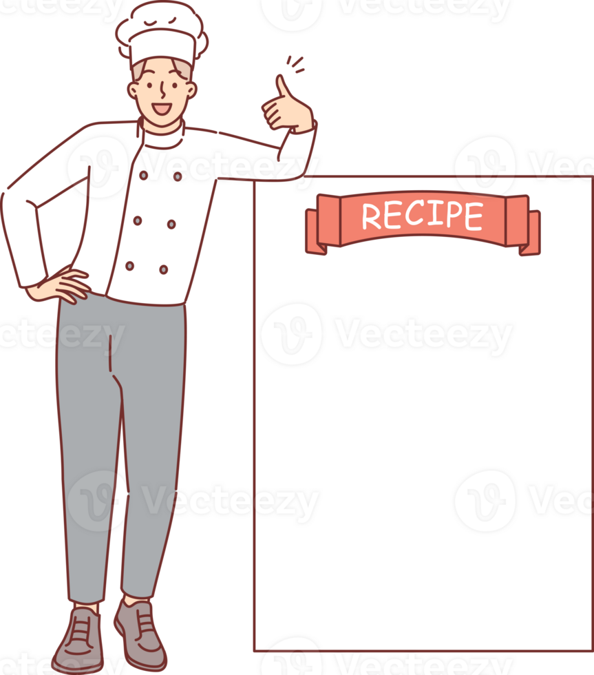 Man restaurant chef stands near blank recipe sheet and shows thumbs up as sign of approval of new menu. Copy space for recipe from chef, for preparing your own dish for lunch or dinner png