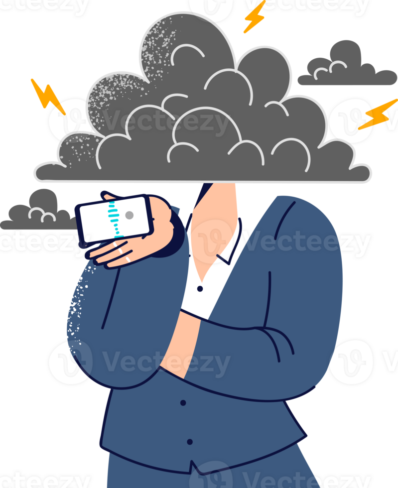 Woman uses cloud technologies to exchange messages with colleagues, stands under cloud covering head. Girl experiences anger and rage sending audio letter to subordinates via mobile technology. png