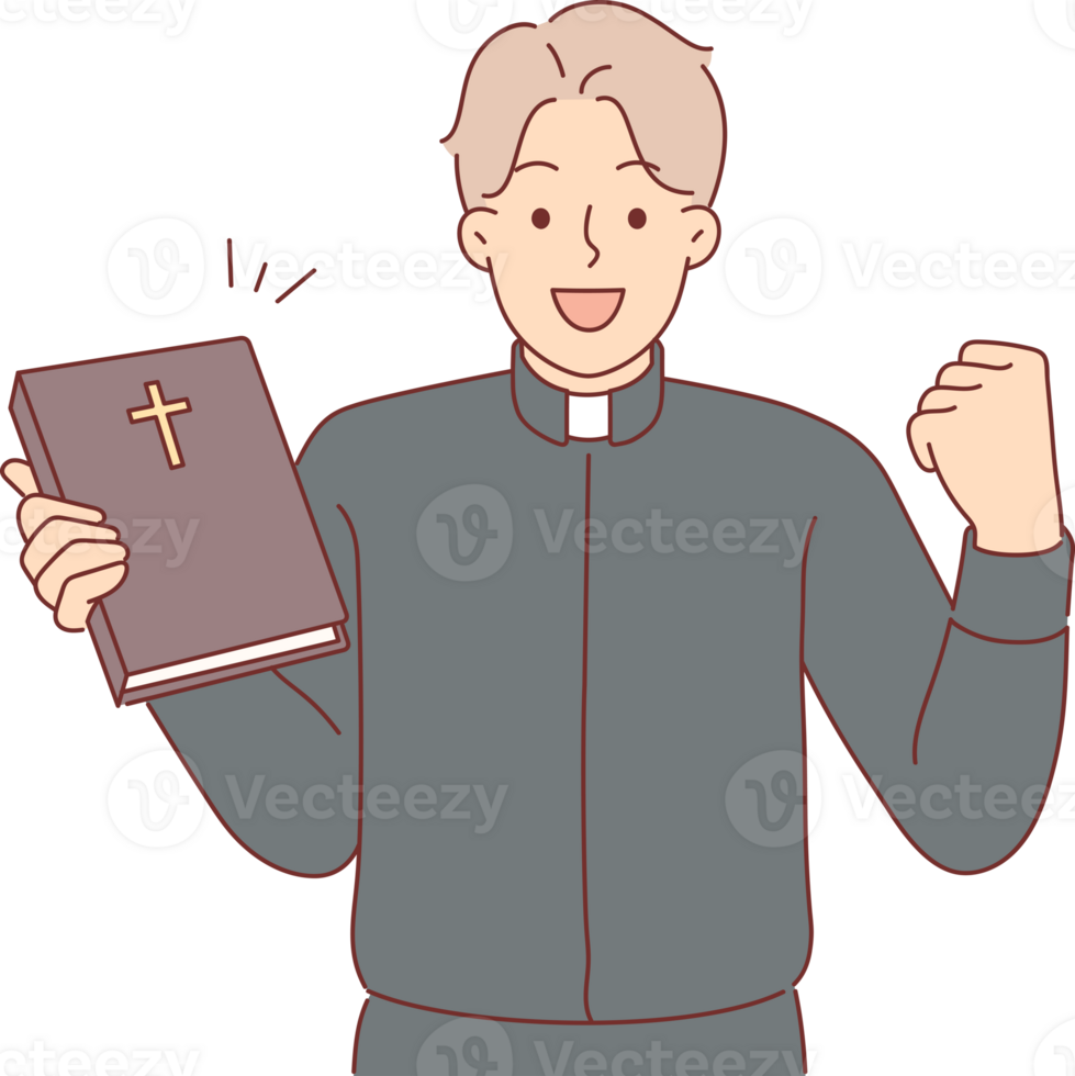 Guy in clothes of catholic priest rejoices at completing studies of bible, allowing to become rector of church. Happy man working in christian church showing book with crucifix on cover png