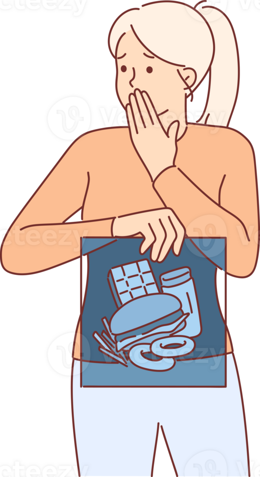 Junk food in stomach of woman holding x-ray and fearfully covering mouth with hand. Concept of digestive problems caused by eating junk food containing cholesterol and causing obesity png
