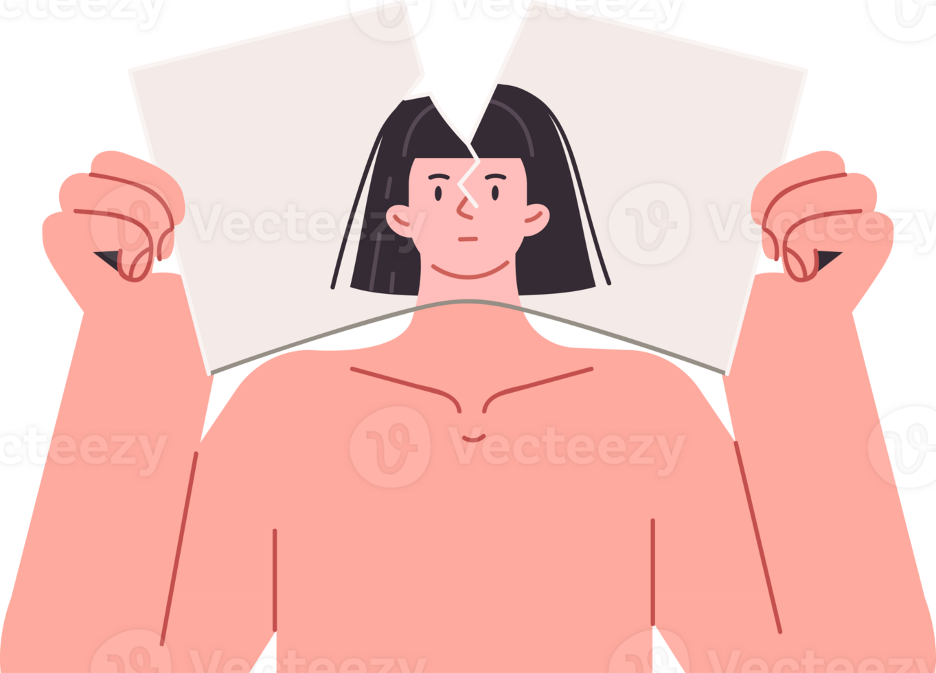 Woman suffers from identity crisis caused by psychological trauma and tears up portrait that hides own face. Identity crisis causes mental distress and lack of motivation for self-improvement png