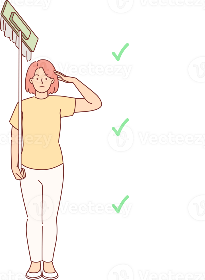 vrouw huisvrouw voltooid allemaal huiswerk staat in soldaat houding met dweilen in handen. checkbox van het wassen machine en vacuüm schoonmaakster of strijken bord, voor concept taak plan voor aan het doen huiswerk png