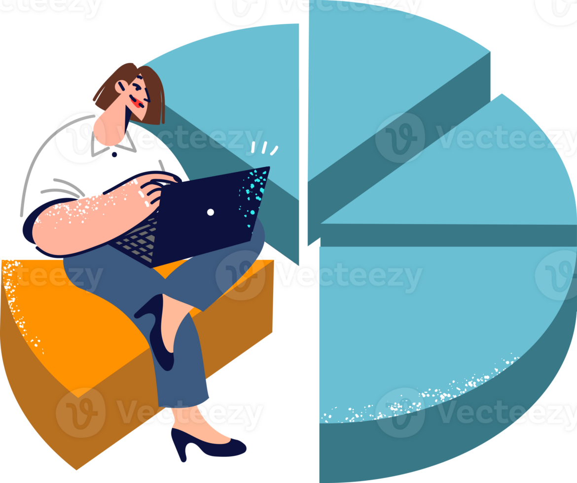 Woman statistician sits on giant chart with laptop in hands, analyzing big data about company income. Girl statistician compiles report with graphs on diversification of sources of profit png