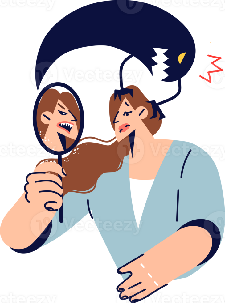 Woman with low self-esteem looks in mirror and sees evil reflection, standing with ghost above head. Concept problems with self-esteem or personality destruction associated with prolonged depression png