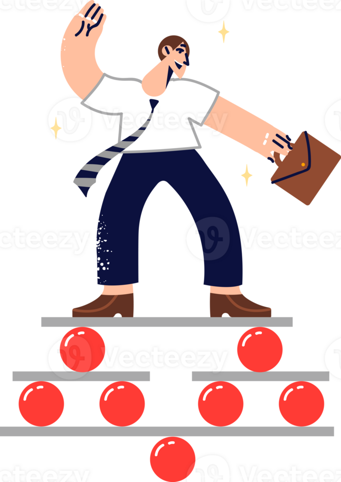 Business man lawyer balancing on unstable structure, for concept of risk and importance of having professional skills. Lawyer guy is trying to maintain balance to achieve desired result. png