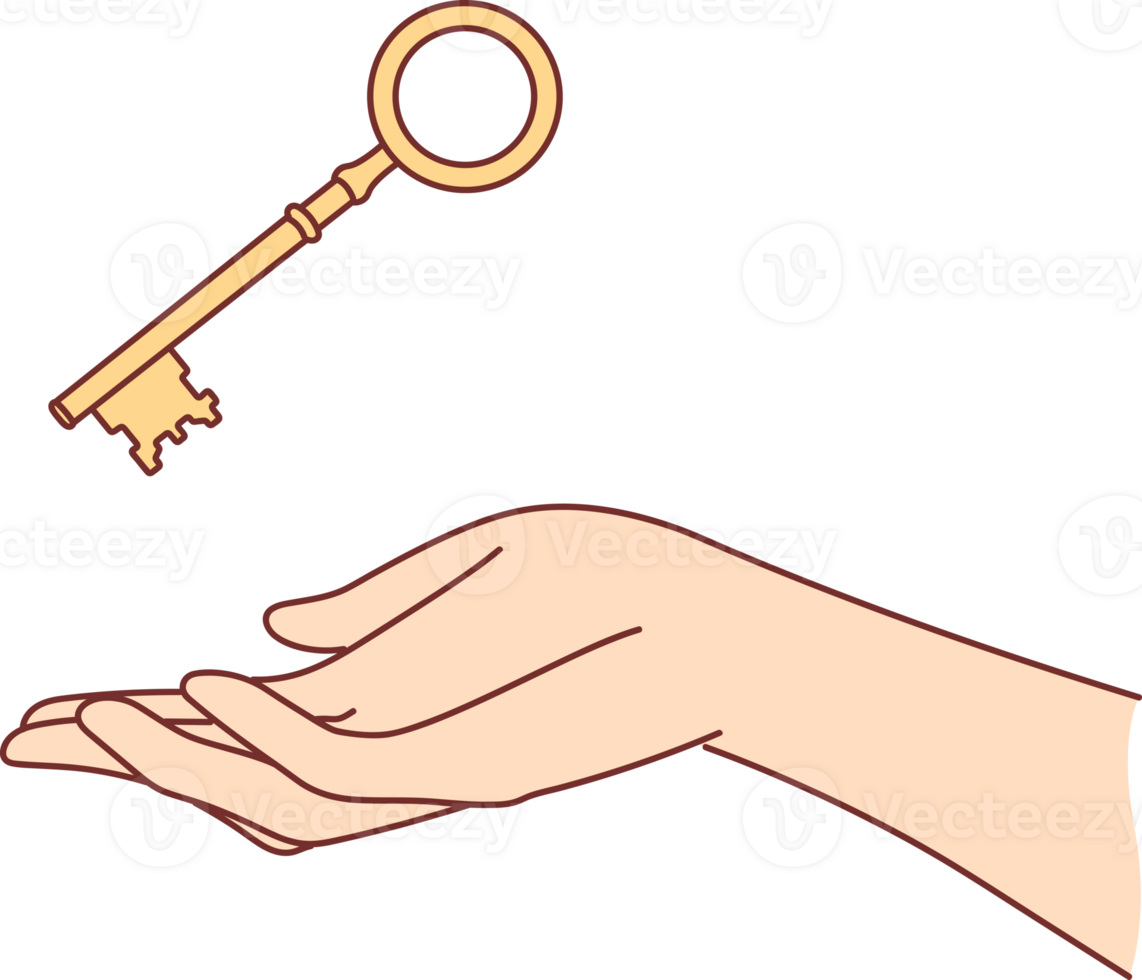 Golden key over woman hand to open safe with money or door to own house bought with mortgage. Golden key as metaphor for problem solving and having good way to solve complex issue. png