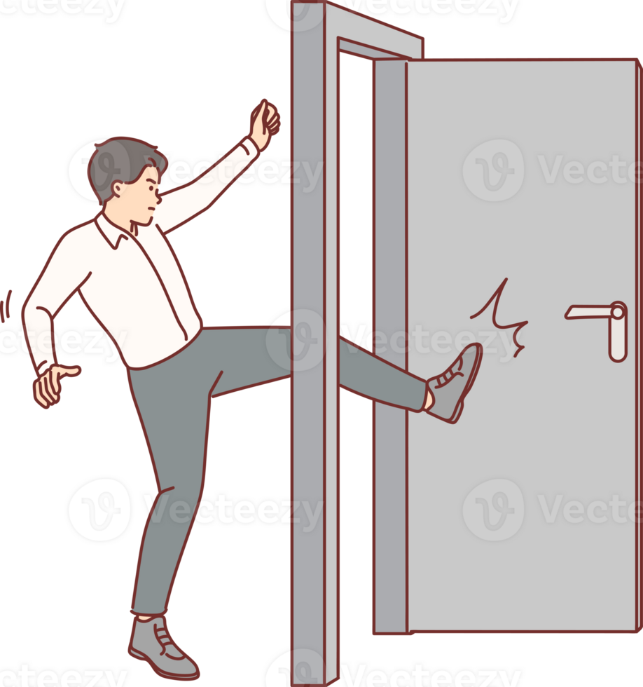 Business man kicks door bursting into office of competitors, violated business ethics. Guy, company manager, breaks down door, demonstrating willingness to do anything to achieve goal. png