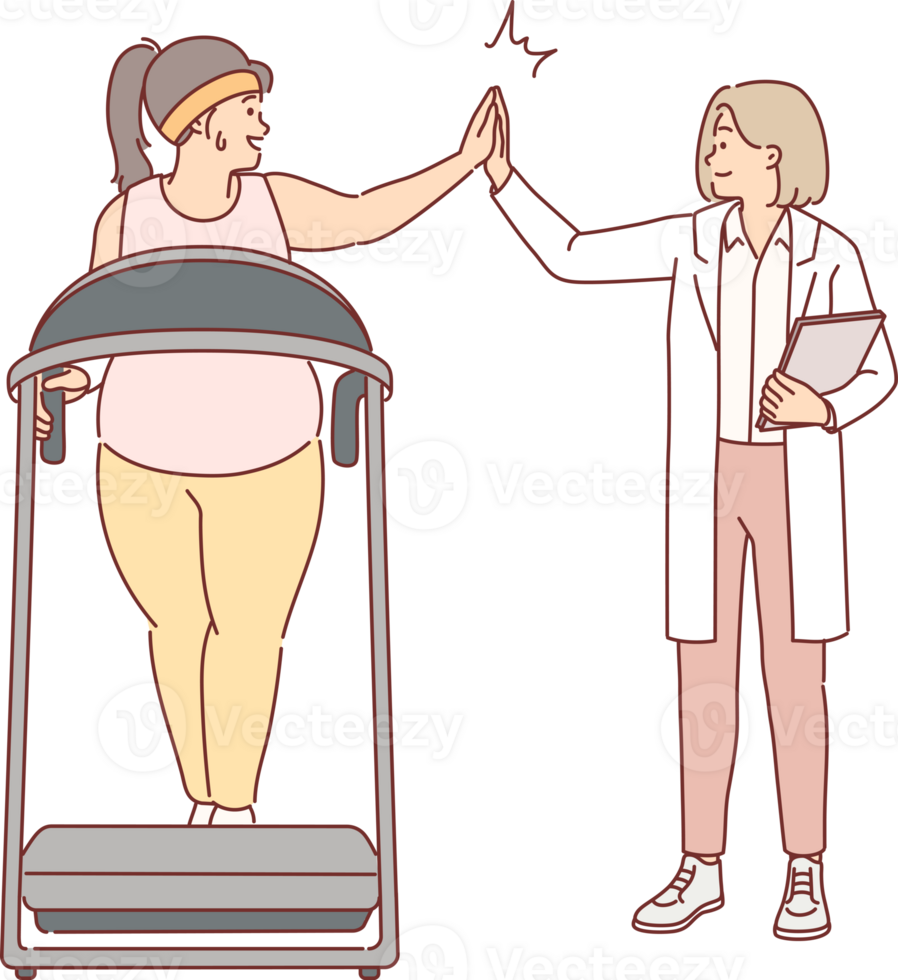 Woman fitness doctor monitors progress of oversized female exercising on treadmill in gym. Fitness doctor in white coat gives high five to fat girl wants to lose weight for slim body png