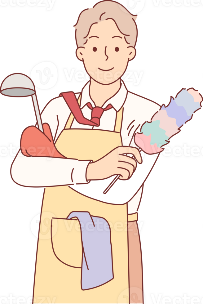 Business man in housewife apron is doing housework and cleaning or cooking after returning from work. Guy in formal clothes holds scrubber and brush for housework, while wife is away from home. png