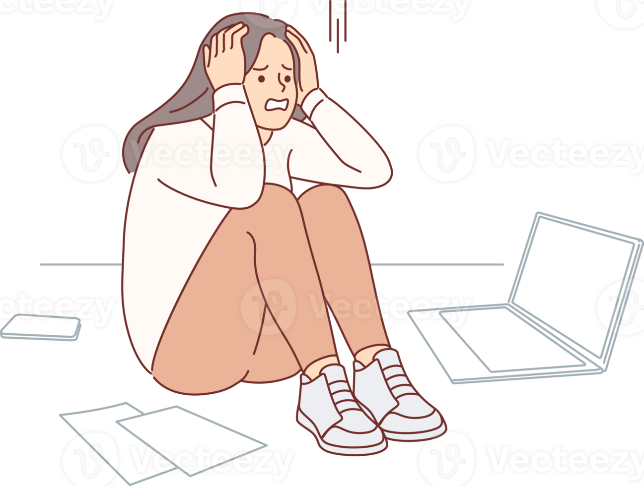 Upset cold woman suffering from stress or burnout, sitting on floor near papers and laptop. Problem of burnout in freelancer girl who suffered due to overload and mental pressure from manager png