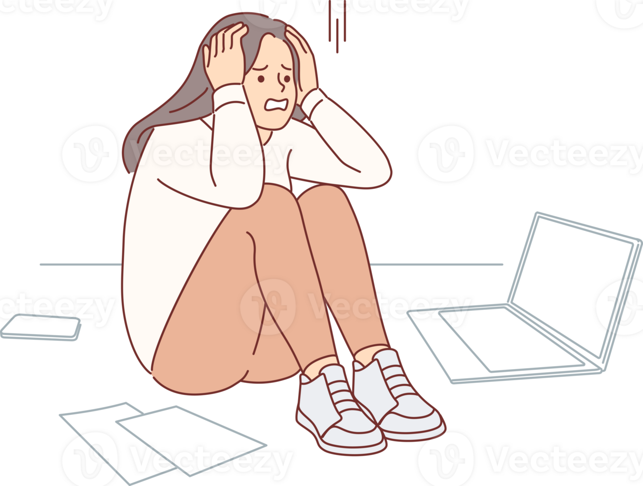 trastornado frío mujer sufrimiento desde estrés o agotamiento, sentado en piso cerca documentos y ordenador portátil. problema de agotamiento en persona de libre dedicación niña quien sufrió debido a sobrecargar y mental presión desde gerente png