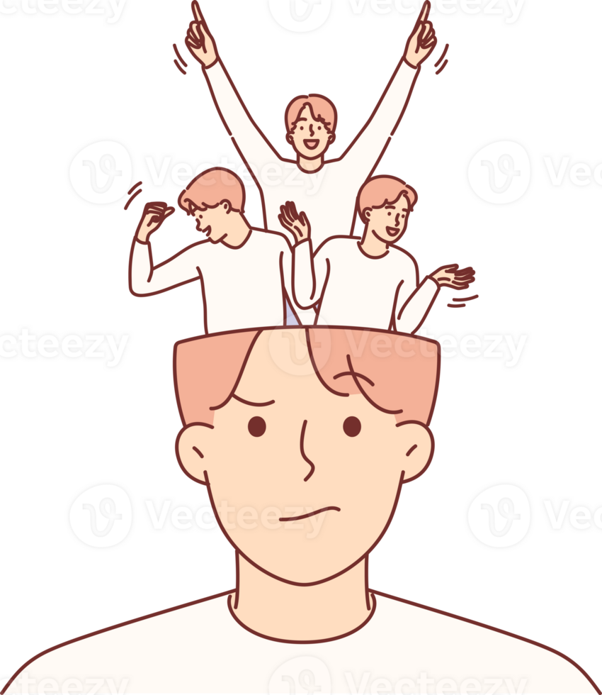 Man external calm hides joy and euphoria, in form of little people dancing inside head. Concept - emotional calm and substitution of emotion to obtain advantageous negotiating position png