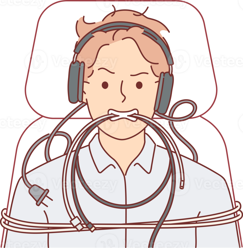Mens is gebonden omhoog met computer draden en shows agressief grijns veroorzaakt door professioneel burn-out. systeem beheerder vent in hoofdtelefoons ervaringen nerveus afbreken en burn-out ten gevolge naar moeilijk werk png