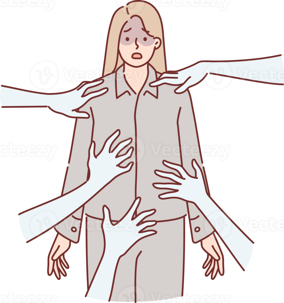 Nightmare of frightened girl standing in pajamas among hands of resurrected monsters. Nightmare of woman who was victim of harassment or attack by fictional creatures from horror films png