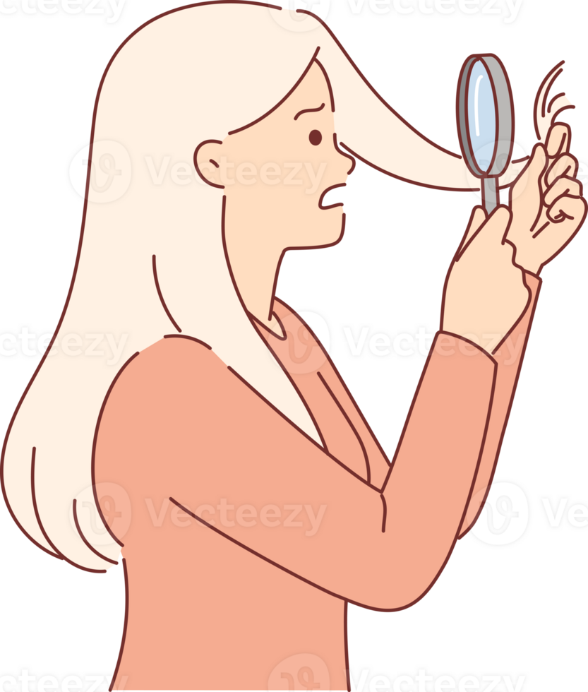 Split ends of hair bother girl with magnifying glass, needs trip to hairdresser. Woman suffers from split ends spoiling hairstyles, due to poor-quality shampoo or lack of vitamins in body. png