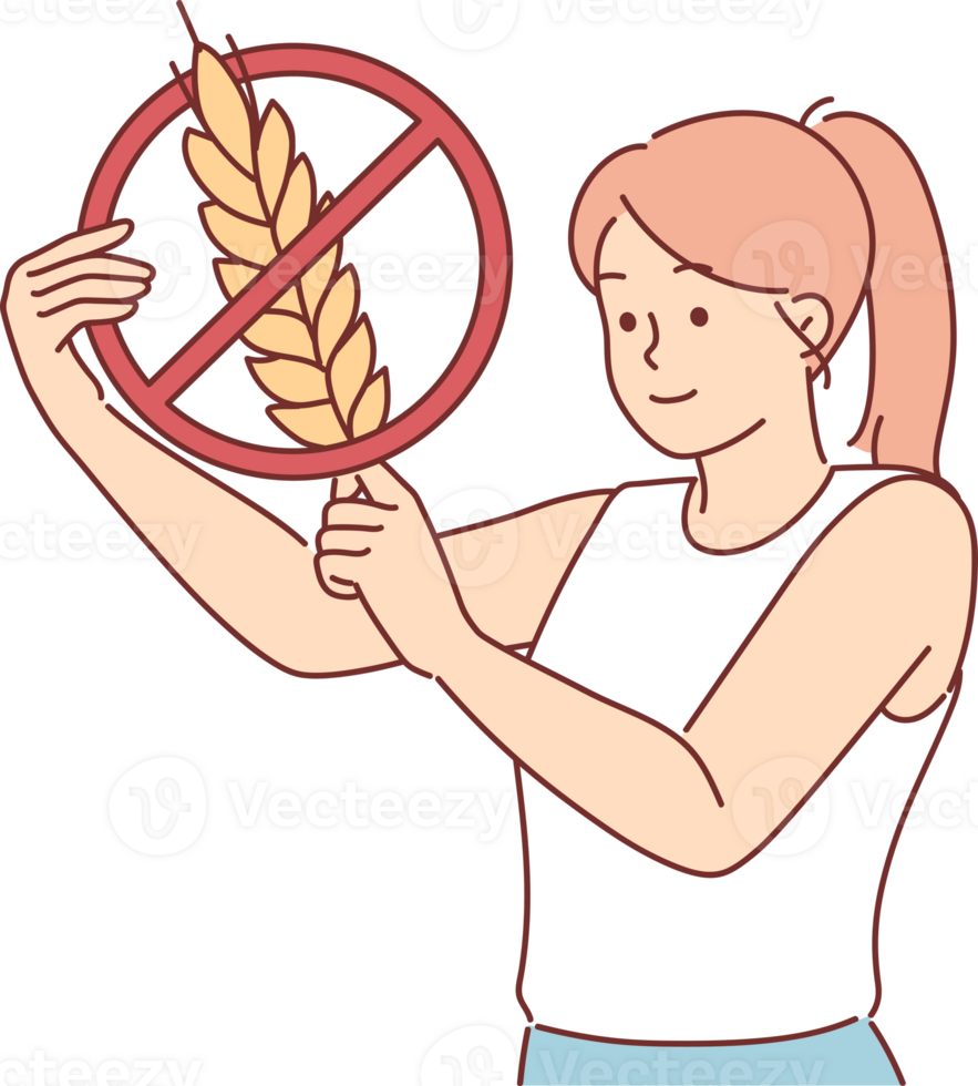 kvinna innehar glutenfri tecken, uppmaning människor till sluta äter livsmedel som innehåller korn och vete. korsade ut Småax som liknelse för glutenfri rörelse orsakade förbi allergier eller önskan till tappa bort vikt png