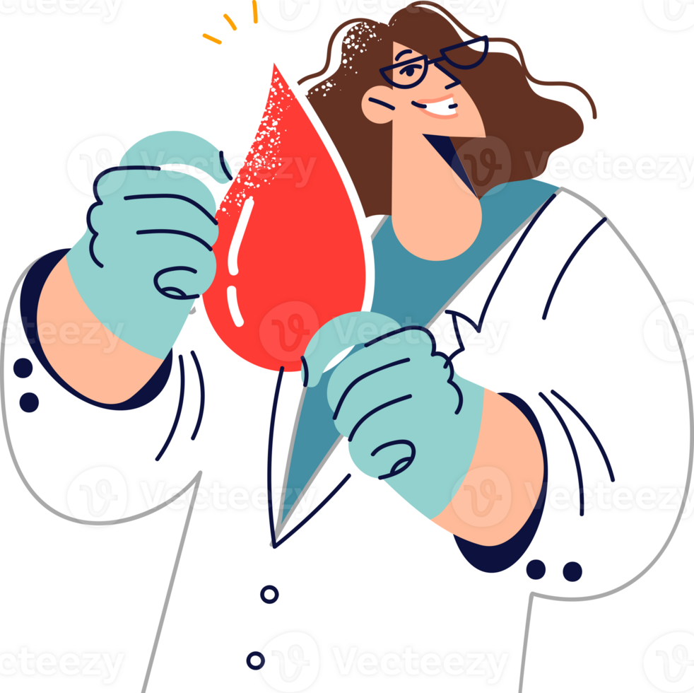 Woman doctor calls to become donor and holds large drop of blood, working in laboratory analyzing DNA. Sample of human blood in hands of girl geneticist trying to identify cancer at early stage png