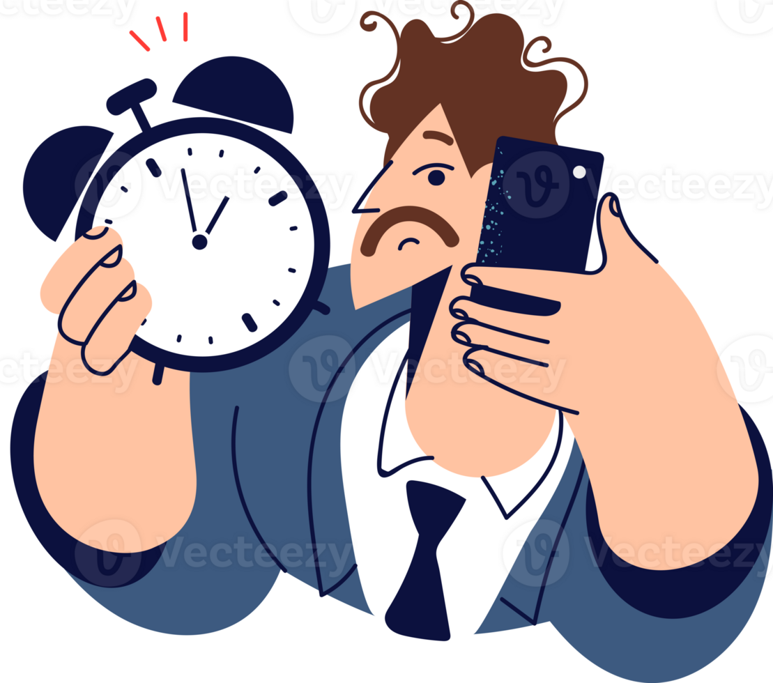 Man boss with alarm clock in hand calls subordinates reminding them that deadline for project is approaching. Manager communicates importance of meeting deadline and increasing productivity. png