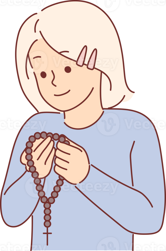 Little christian girl holding rosary with catholic cross and praying, for concept of receiving religious education. Happy child student in sunday church school playing with christian rosary png