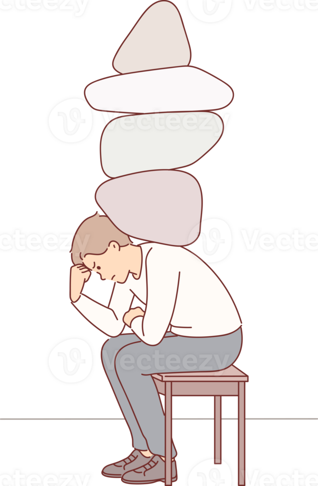 depresso uomo con pietre su indietro sperimentare fatica e disagio dovuto per pesante carico di lavoro. depresso tipo si sente stressato dovuto per i problemi causato di disoccupazione e finanziario crisi png