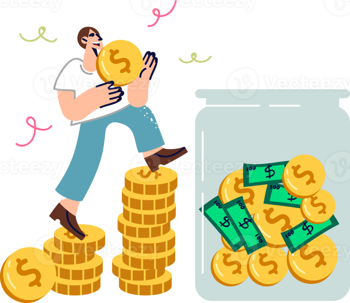 Rich man saves money by putting coins in transparent jar to accumulate reserve capital in case of crisis. Guy investor invests money in bank account or deposit to achieve financial security png