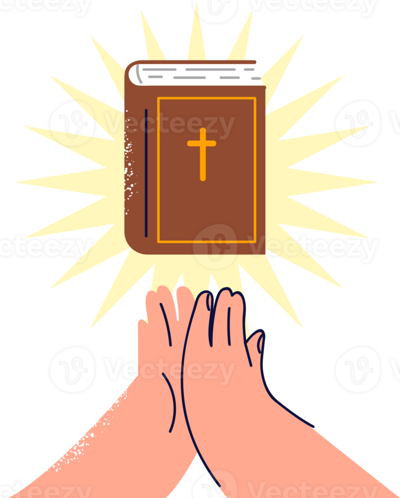 Bible with rays of light near hands of praying man who professes christian religion and reads catholic or orthodox literature. Bible book with crucifix on cover allows believer to become closer to god png