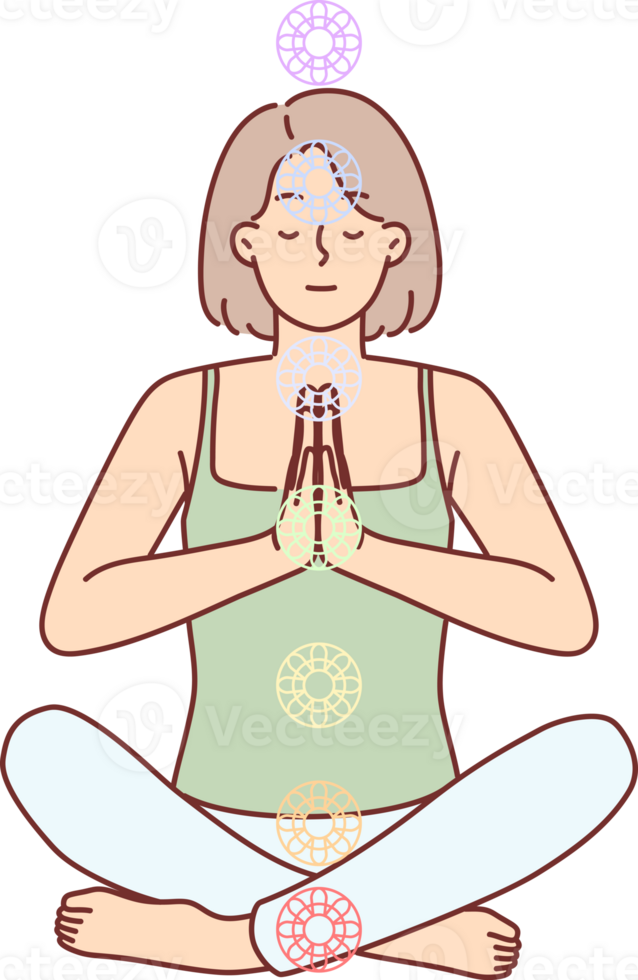 Woman practices yoga sitting in lotus position to cleanse aura and activate chakras to achieve perfection. Young girl folds hands in front of chest while meditating and doing yoga. png