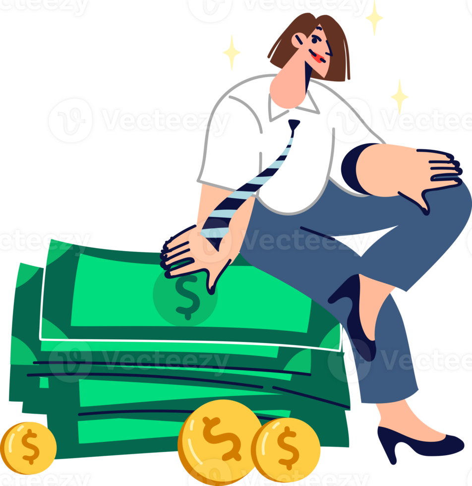 Rich woman sits on stack of money earned in business or from high-paying job, and thinks about where to invest money. Successful lady with large reserve capital feels financially secure png