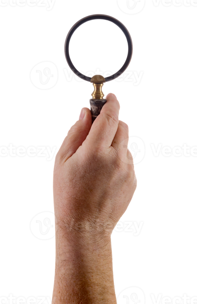 Male Hand Holding a Magnifying Glass Isolated on a Transparent Background. Transparent . png