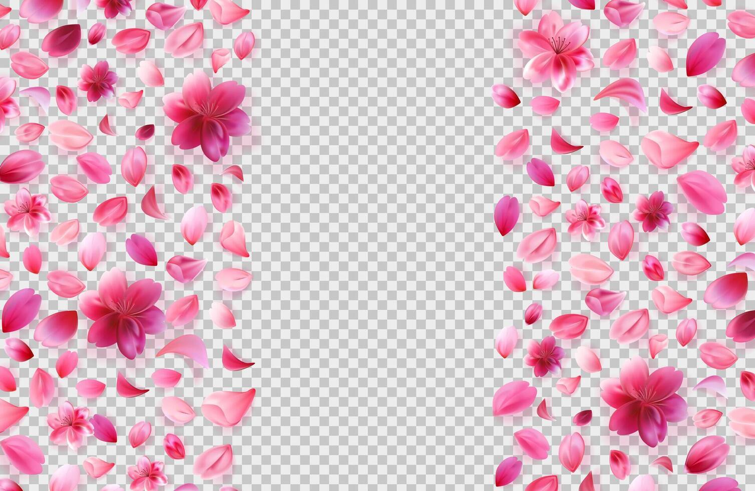 Sakura petals composition side banner frame on checkered grey background. vector