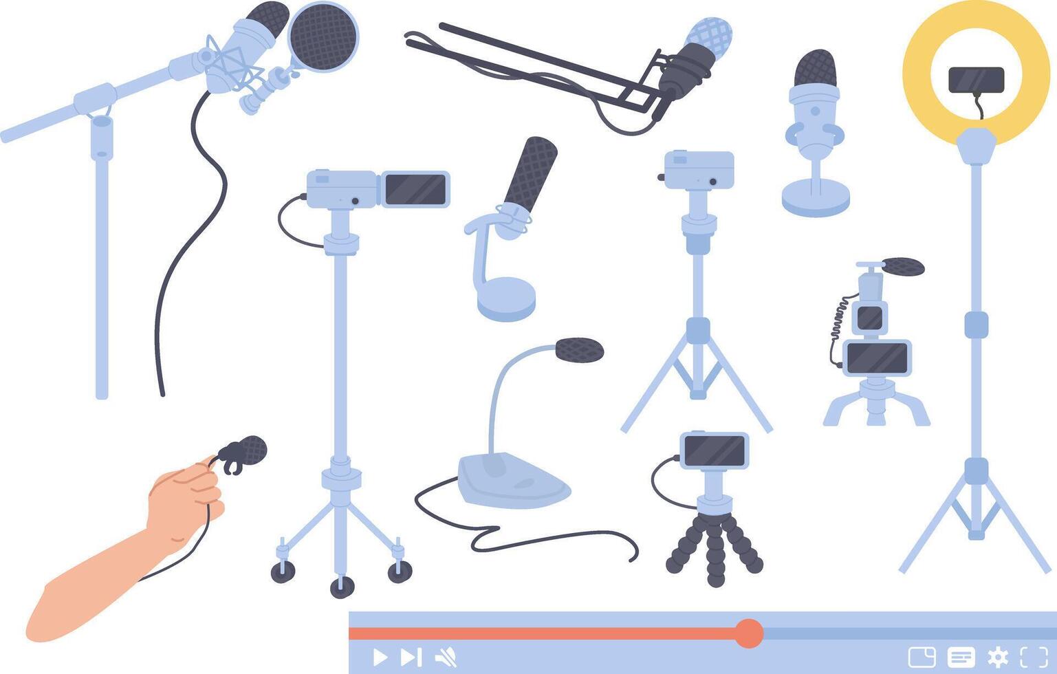 Microphone set. Podcast, broadcast or music concept. vector