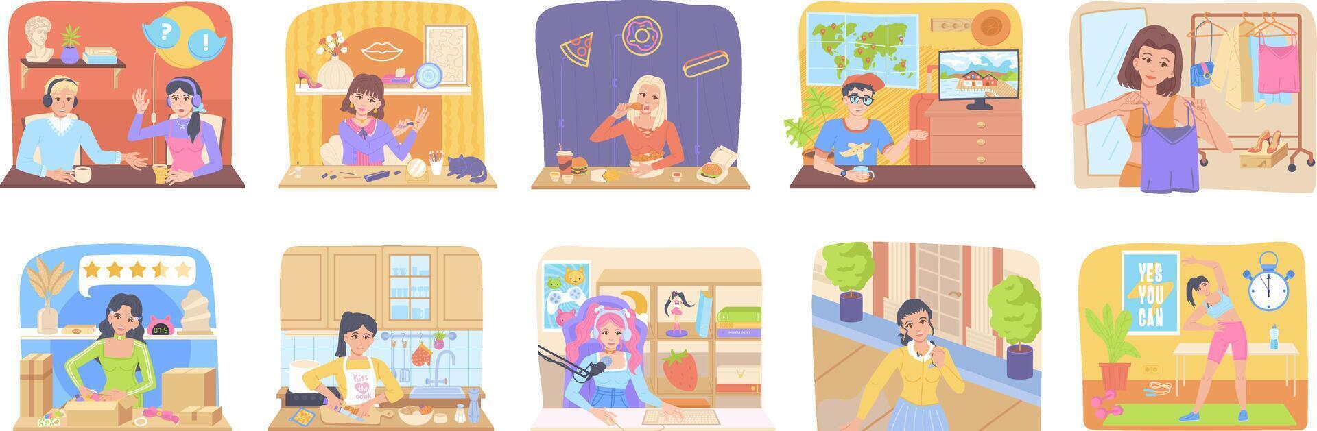 blogger concept set. Stock illustration in flat cartoon style. vector