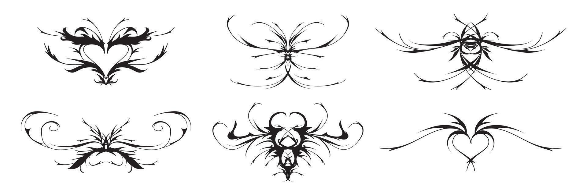 neo tribal y2k tatuaje, corazón y mariposa forma, gótico pentagrama cabra. vector