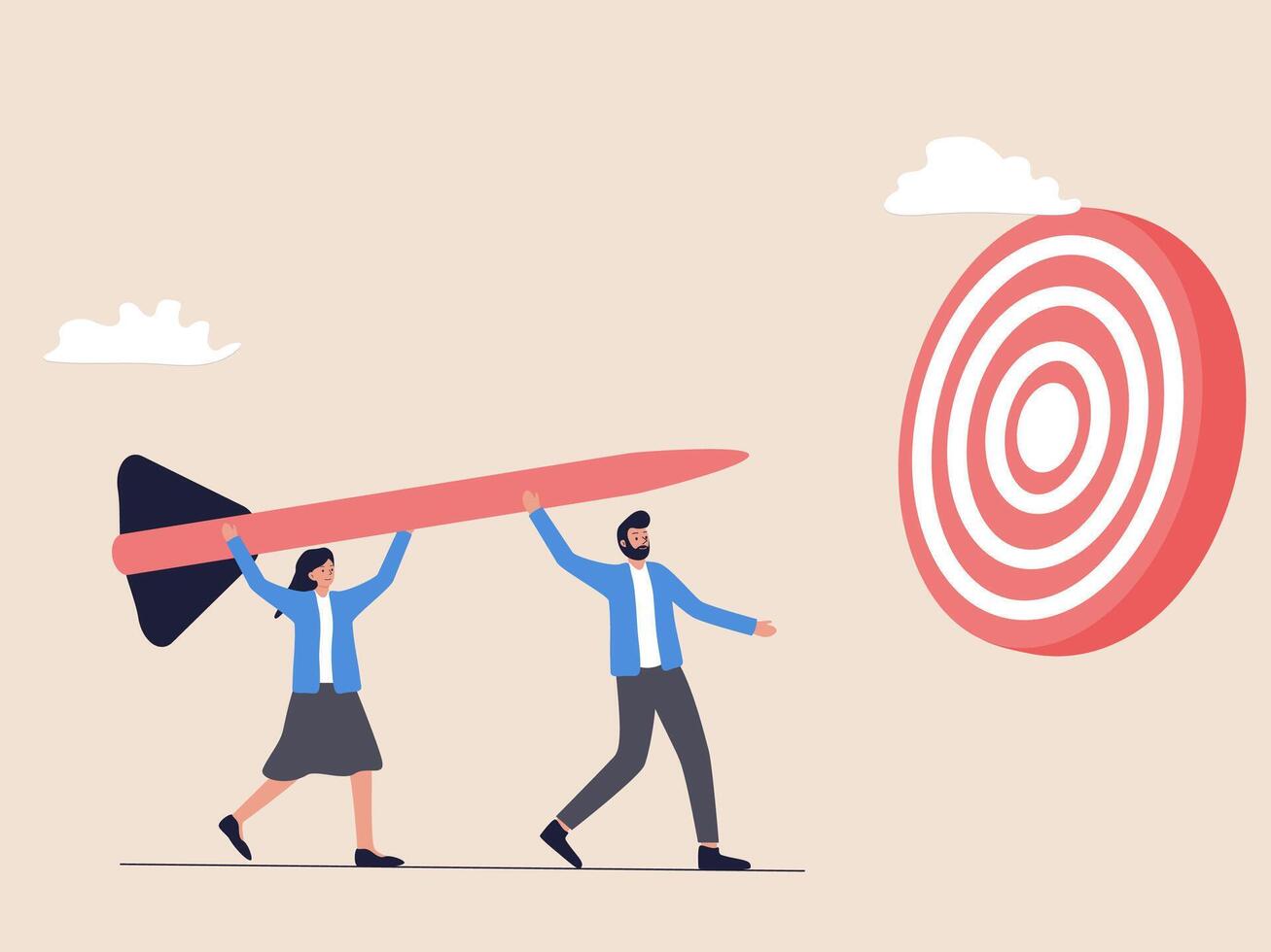 A man and woman are holding arrows, ready to aim and hit the target. This illustration symbolizes teamwork and corporate mission in achieving goals. vector