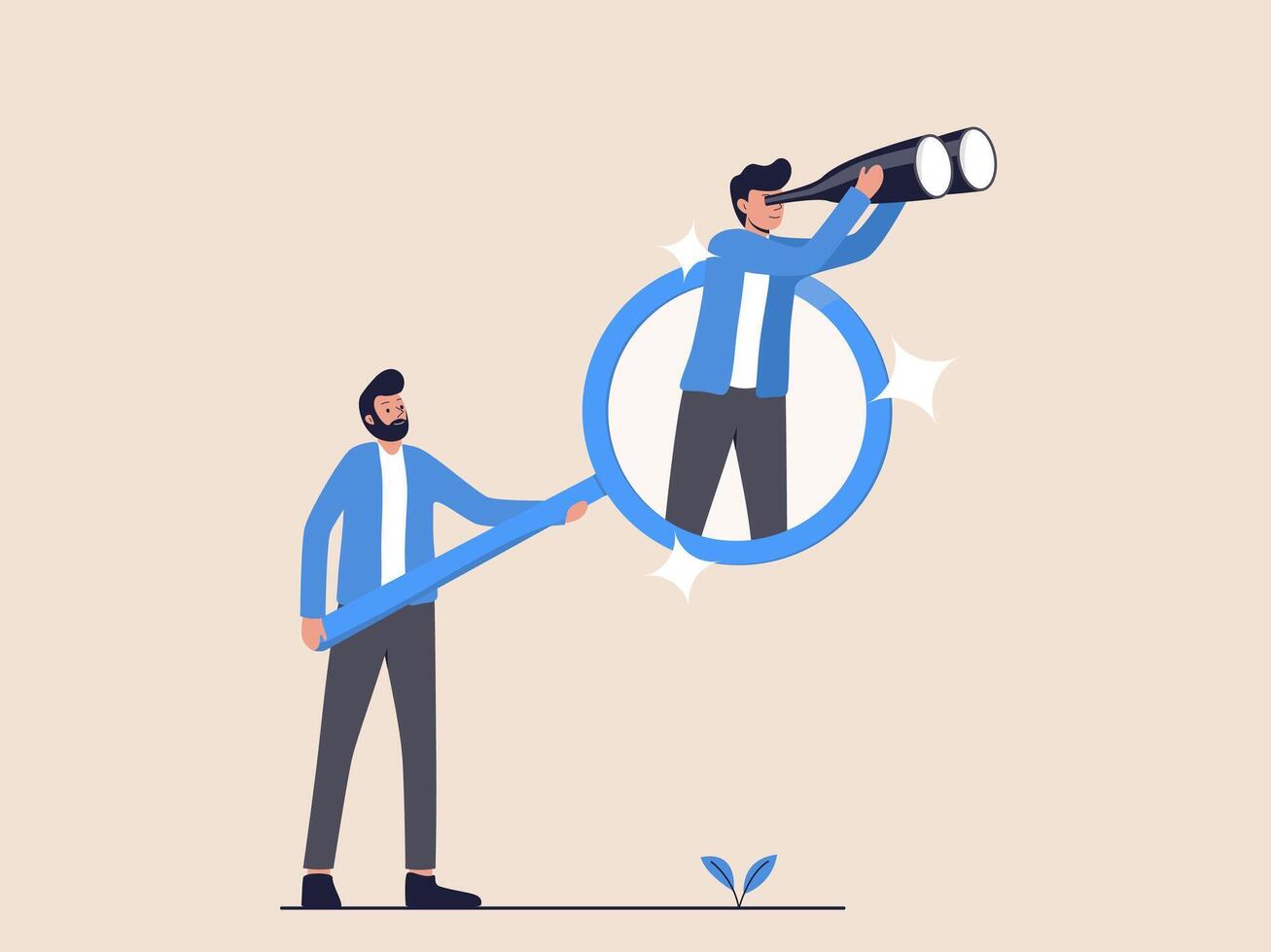 A man holds a magnifying glass, reflecting another man observing through binoculars. Illustration of search and discovery for career opportunities and new ventures. vector