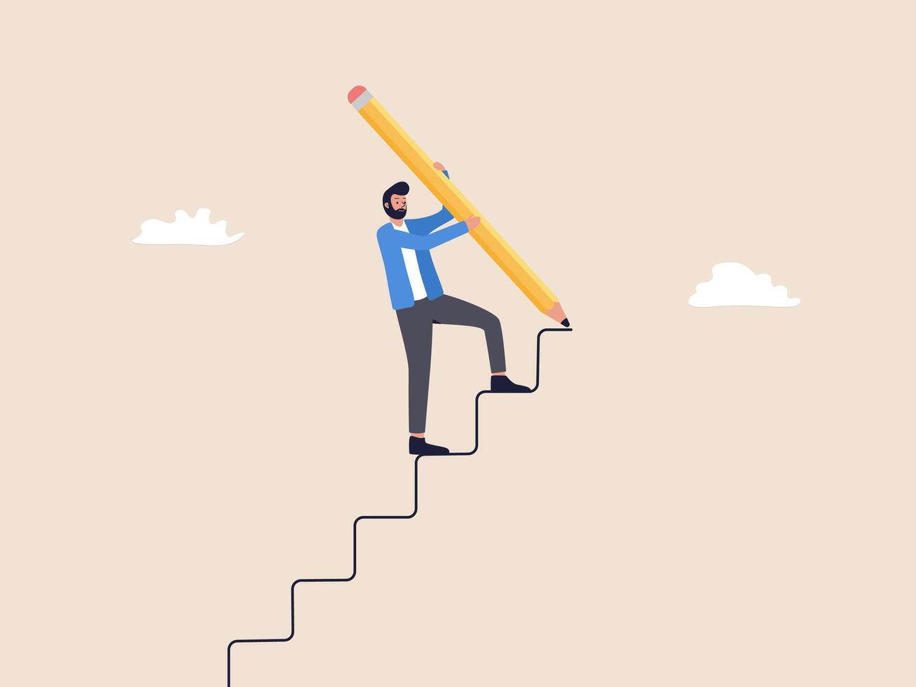 A determined businessman ascends stairs towards success, wielding a colossal pencil to construct his path to achievement. A motivating illustration for career endeavors and triumphs. vector