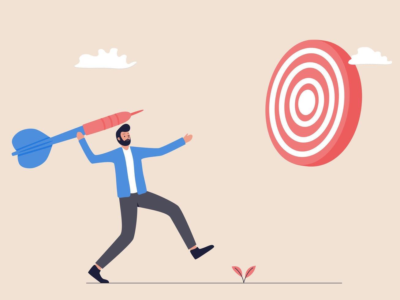 A businessman is throwing an arrow towards a target, symbolizing aiming for big goals in business. This illustration captures ambition, determination, and the drive to achieve significant milestones. vector