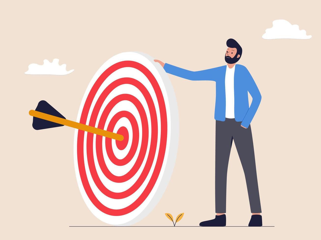 A businessman is holding a target and arrow, symbolizing aspiration and motivation in business. The illustration reflects the determination to achieve goals and the drive to succeed. vector