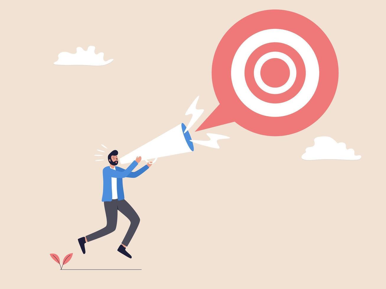 A man is shouting through a loudspeaker towards an arrow target. This illustration symbolizes announcing new goals or resolutions with determination. vector