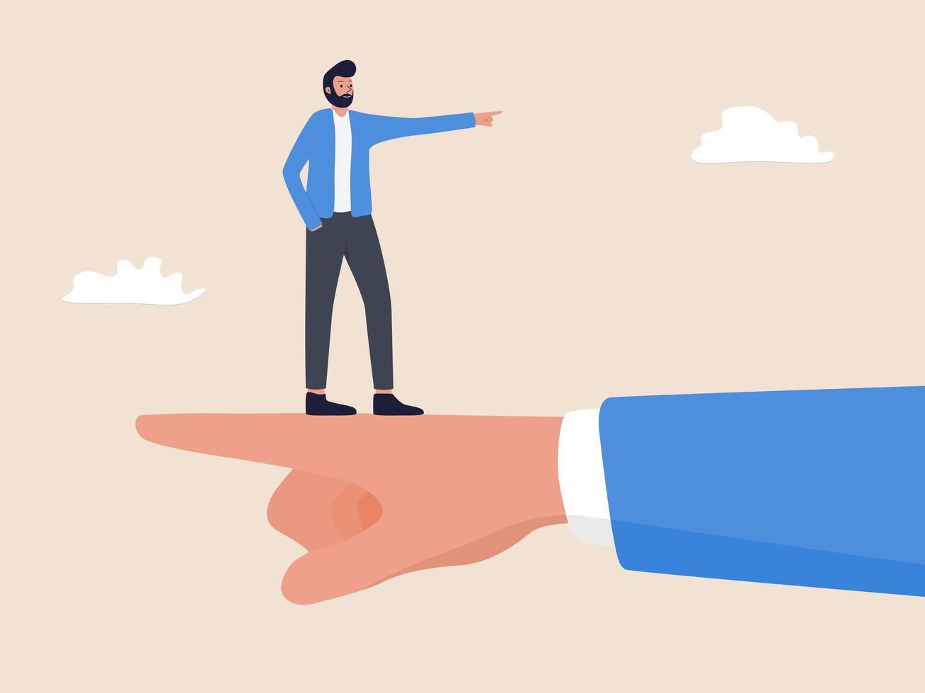 A businessman stands confidently on a giant hand, pointing in opposite directions. His pose symbolizes contrasting opinions or decisions in business. vector
