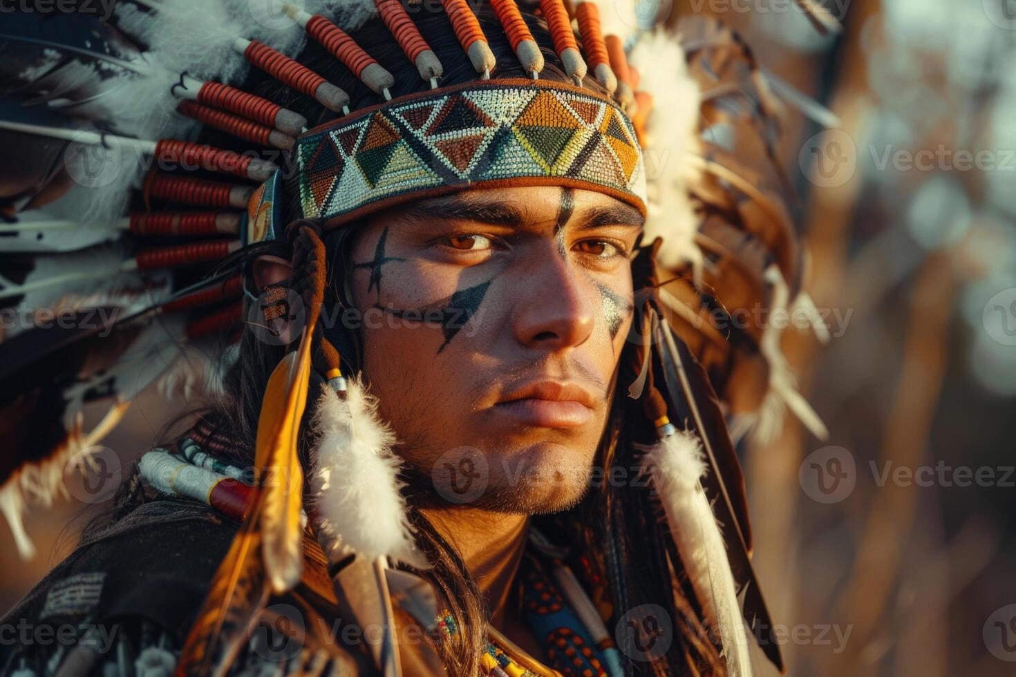 American Indian warrior chief of the tribe. man with feather headdress and tomahawk photo